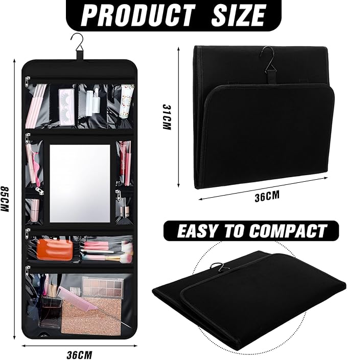 Hanging Toiletry Bag with Mirror for Men Women Travel Kit Large Foldable Beauty Dance Makeup Bag Organizer Storage Waterproof