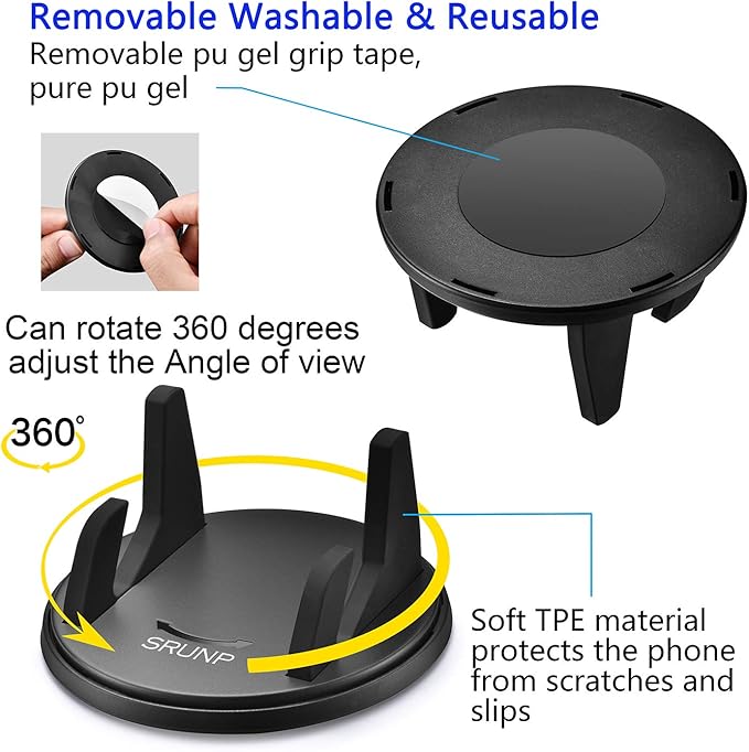 Car Phone Mount with Three-Point Support for Car Dashboard, 360 Degree Rotatable Washable Cell Phone Holder for Car Compatible Smartphones and GPS Devices
