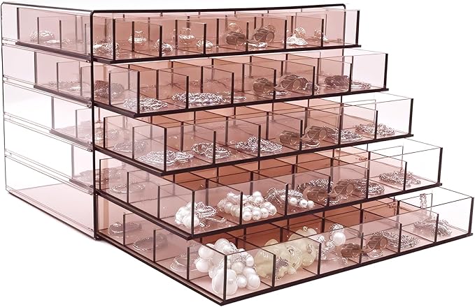 Clear Pink Acrylic Jewelry Storage Box, Earring Jewelry Organizer with 5 Drawers, 5-Layer Jewelry Box for Women, Earring Disp