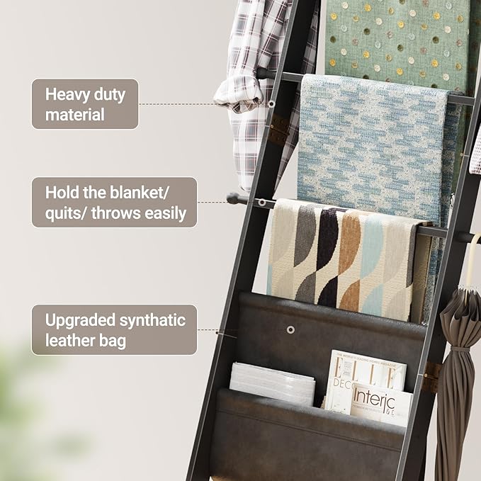 ELYKEN Blanket Ladder, 5-Tier Farmhouse Wooden Rack with Synthetic Leather Pocket, 4 Removable Hooks, Decorative Leaning Ladd