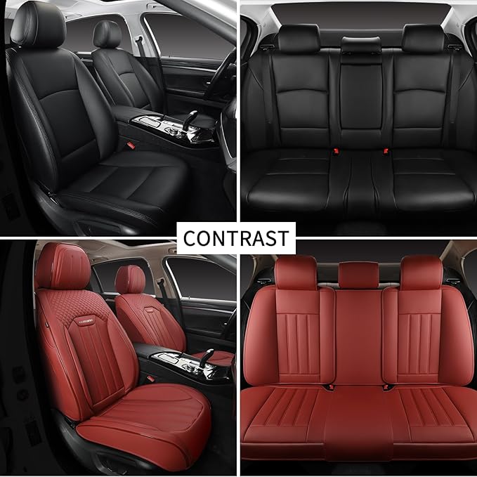 Red Car Seat Covers Full Set, Universal Leather Seat Cover for Cars 5 Seats, Waterproof and Breathable Automotive Seat Cover 