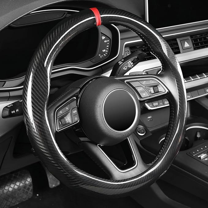Labbyway Carbon Fiber Steering Wheel Cover, Universal 15 inch, Breathable, Anti-Slip, Warm in Winter and Cool in Summer, Blac