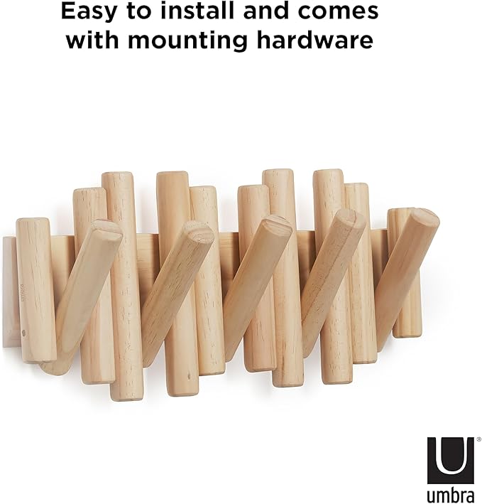 Umbra Picket Wall-Mounted Coat Rack Rail Hook with 5 Retractable Wood Pegs – Modern, Space-Saving Storage Organizer, Natural 