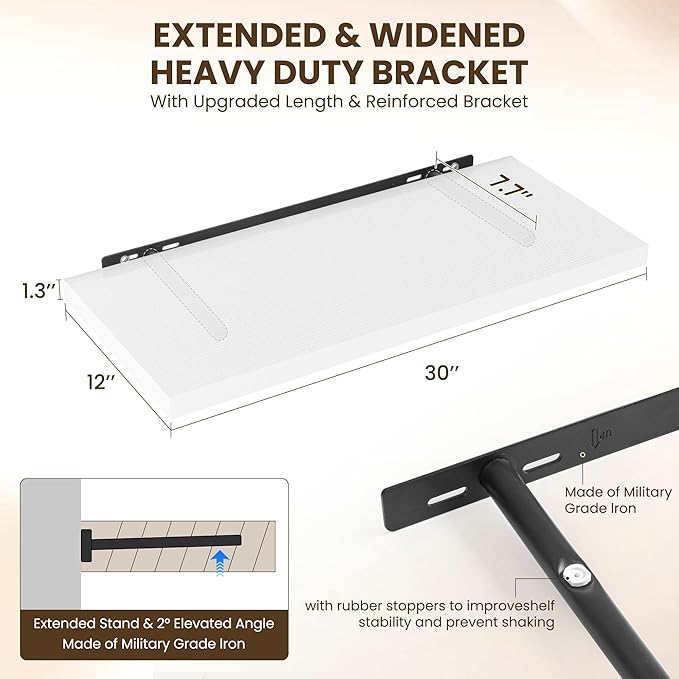 Dreamland 30" Floating Shelves for Wall, 12" Deep Slim White Floating Shelves, Wall-Mounted Shelves for Bedroom, Living Room,
