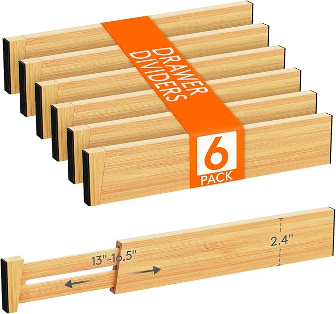 Lifewit 2.4" High 6 Pack Bamboo Drawer Dividers 33-42cm/13-16.5" Adjustable Wooden Drawer Organizer for Clothes/Utensils, Exp