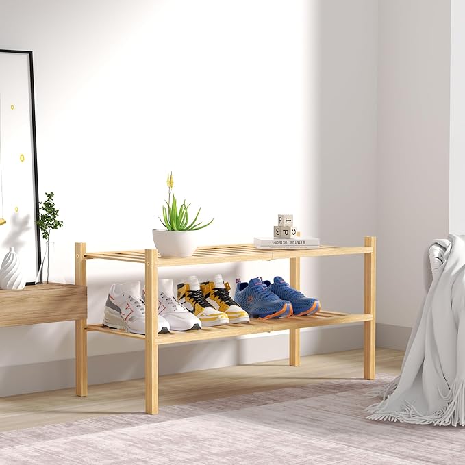 ROMGUAR CRAFT 2 Tier Bamboo Shoe Rack for Closet Free Standing Wood Shoe Shelf for Entryway Small Space Stackable 27"x11"x13"