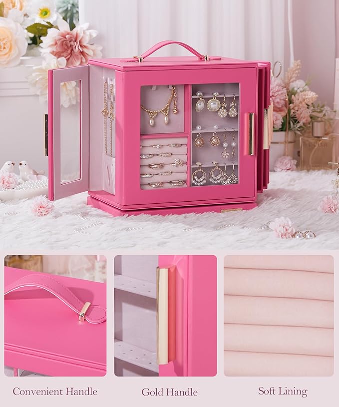 Homde Jewelry Box 360° Rotating, Necklace Earring Organizer with Transparent Window, Mirror, 7 Drawers, Large Ring Display St