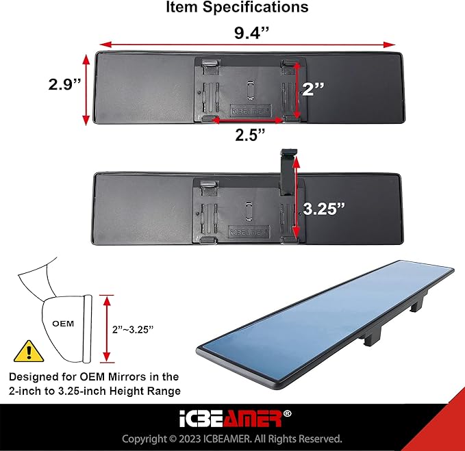 9.4" ICBEAMER Clip On Rear View Mirror | Flat Blue Tint, Panoramic Wide Angle HD Glass, Anti Glare, Universal Fit for Car, SUV, Truck | Eliminates Blind Spots (1 Pack)
