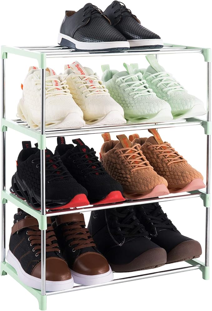 4-Tier Stackable Small Shoe Rack, Lightweight Shoe Shelf Storage Organizer for Entryway, Hallway and Closet (Green)