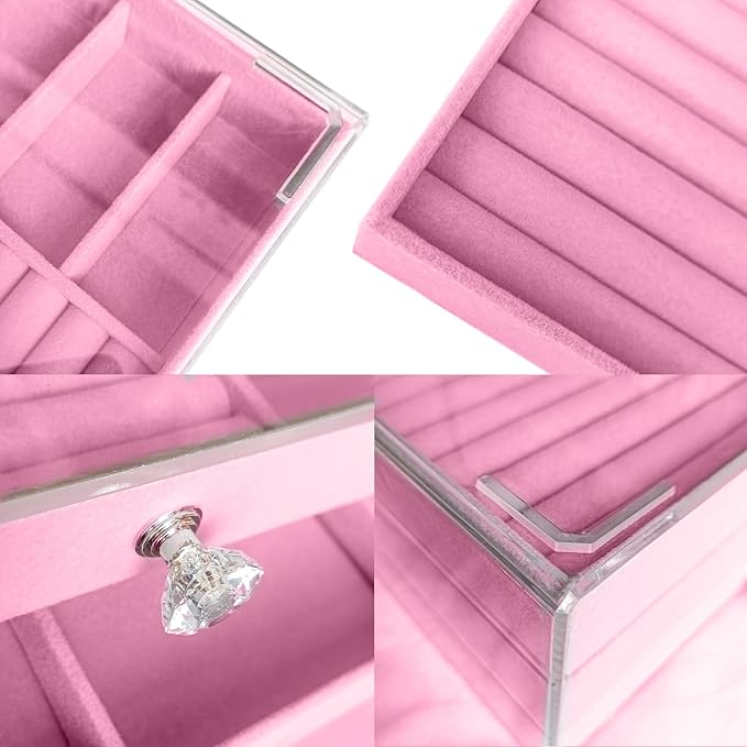 Clear Acrylic Velvet Jewelry Organizer with 3 Drawers, Stackable Display Storage Earrings Necklace Rings Bracelets Box Holder