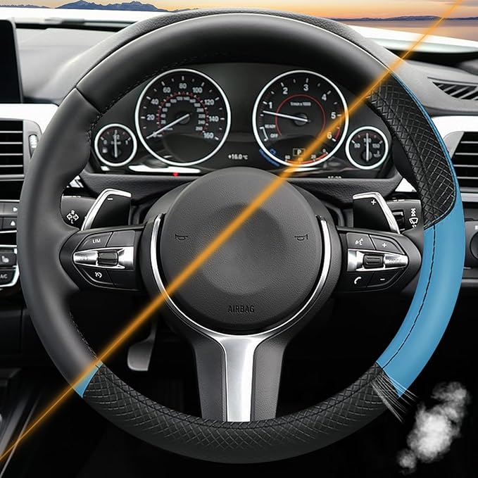 Leather Patchwork Black Blue Steering Wheel Cover, 14.5-15 Inch Non-Slip Breathable Microfiber Car Steering Wheel Protector