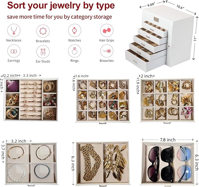 BOOVO Jewelry Box For women, 6 Layer Large Jewelry Organizer With Mirror, Multi-Function Storage Box With Lock, Necklace Hold