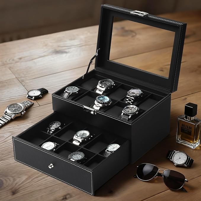 Watch Case for Men, 20-Slot 2-Layer Watch Box with Large Glass Lid, Watch Storage Organizer with Removable Watch Pillows, Men