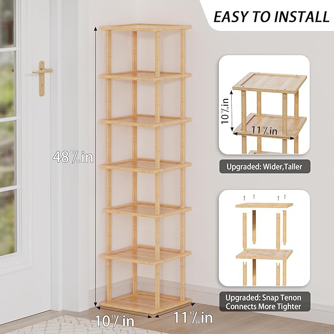 Vertical Tall Shoe Rack For Entryway - Tall 7 Tier Free Standing Slim Narrow Bamboo Wood Shoe Boots Storage Shelf Small Space