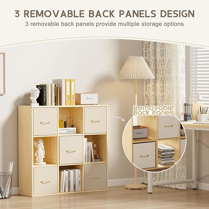 EXPERLAM 9 Cube Storage Organizer - Solid Wood Bookshelf with 5 Storage Bins, Cube Shelf with 3 Removable Back Panels, Vertic