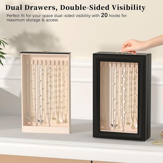 Necklace Organizer Box - 2-Layer Double-Sided Clear Lid Jewelry Storage Case, Anti-Tangle Necklaces Display Holder for Pendan