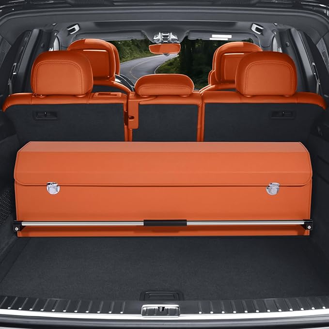 Car Trunk Organizer, Collapsible Sturdy Trunk Storage Container with Lid and Handle Large Leather Car Trunk Storage (Orange, 39