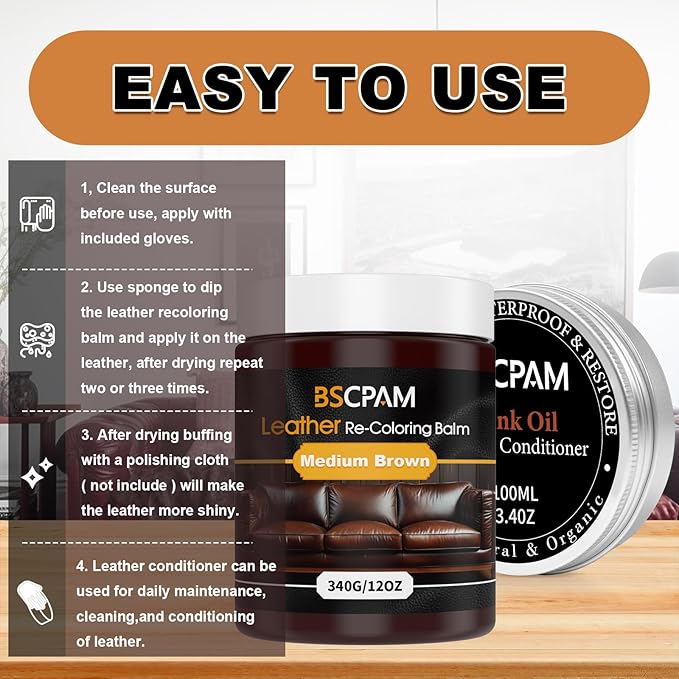 12oz Leather Recoloring Balm & 3.4oz Mink Oil Leather Conditioner kit,Medium Brown Leather Color Repair Kits for Couches, Lea
