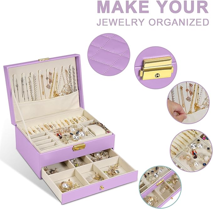 2-Layer Jewelry Box for Women Girls, Jewelry Organizers and Storage with Removable Jewelry Tray, Vintage Quilted Top Lockable