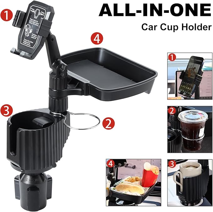 Car Large Cup Holder Expander, 4-in-1 Cupholder Extender with Phone Holder & Swivel and Detachable Snack Food Tray Table for 