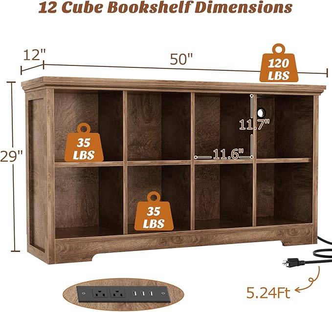 Aheaplus Wooden 8-Cube Storage Organizer with Charging Ports, Modern Cube Bookcase with Base, 3-Tier Floor Standing Open Cubb