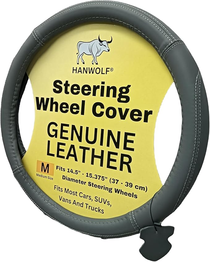 Steering Wheel Cover, Gray, Real Genuine Leather, 15 inch, for Men and Women, Universal, Stretch On, Heat Resistant, Stays Cool, Non-Slip, HANWOLF