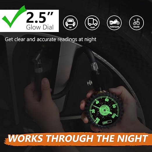 SAFELIFE Tire Pressure Gauge 100 PSI,Large Glow Dial & 45° Angle Chuck, Accurate Air Pressure Gauge for Tires