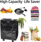 Reusable Grocery Bag with Wheels (Large, Black), Shopping Trolley with 8 Pockets and Zipper Cover Foldable Rolling Tote for Women, Kitchen, Travel, Carries Up to 66LBS