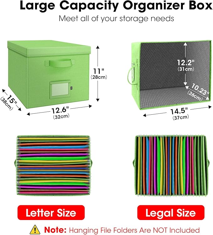 File Organizer Boxes with Lid, Linen Hanging File Storage Boxes with Handle, Collapsible Document Filling Boxes for Letter/Le