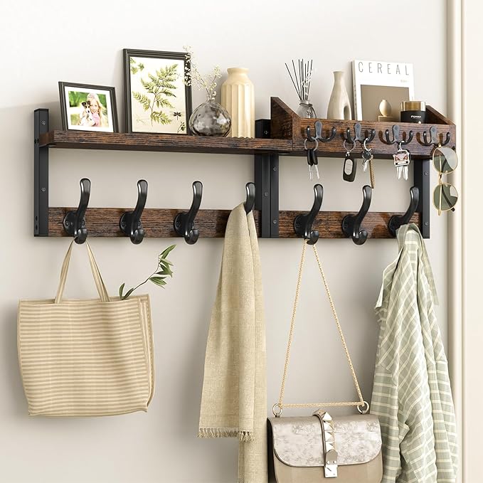 Evermagin 29" Coat Rack Wall Mount with Shelf, 4 in 1 Coat and Key Hanger with 11 Metal Hooks, Entryway Wall Mounted Shelf wi