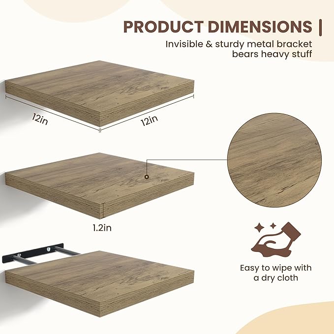 Fun Memories Floating Shelves for Wall - 12 Inch Square Shelves with Invisible Brackets, Small Wall Shelf for Living Room, Ba