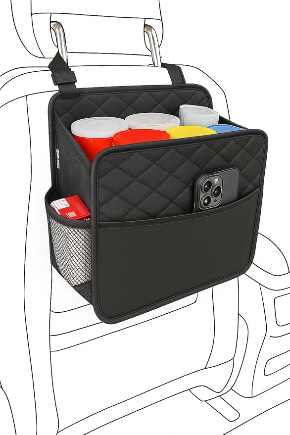 Upgrade Car Seat Organizer Backseat with Storage Pockets, Multipurpose Car Organizer Hanging, Car Trash Bag Can,Premium PU