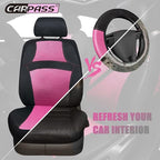 CAR PASS Rainbow Cool Universal Fit Two Front 3D Air Mesh Car Seat Cover with Steering Wheel & Blet Cover-Airbag Compatible (Front Seats only, Black- Pink)