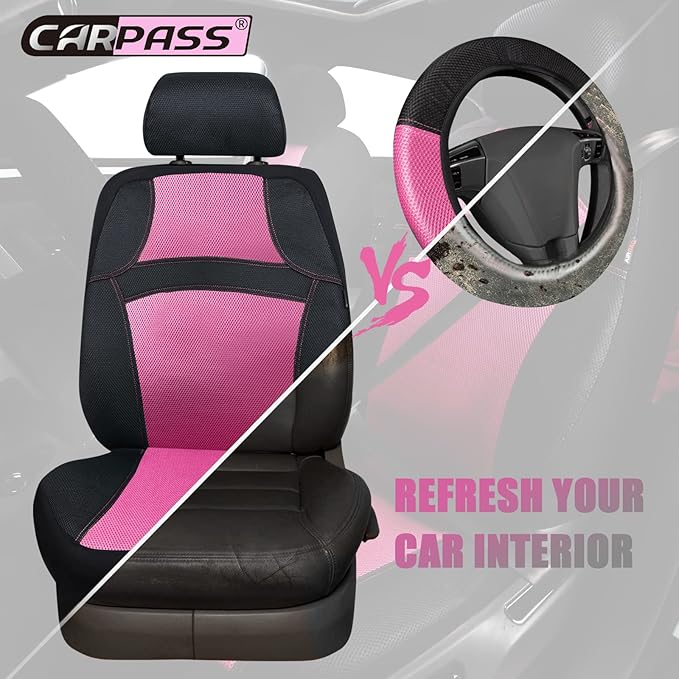 CAR PASS Rainbow Cool Universal Fit Two Front 3D Air Mesh Car Seat Cover with Steering Wheel & Blet Cover-Airbag Compatible (Front Seats only, Black- Pink)