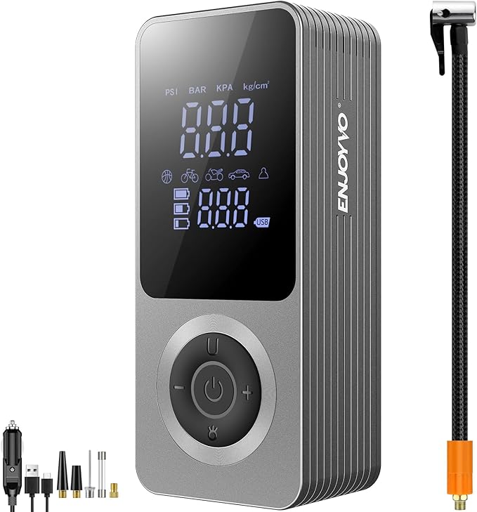 Cordless Tire Inflator Portable Air Compressor, 150PSI with Power Bank Function, Large LED Screen, Auto Shut-Off, 10 FT Car Cord & Type-C Cable for Car Motorcycle Bike Ball