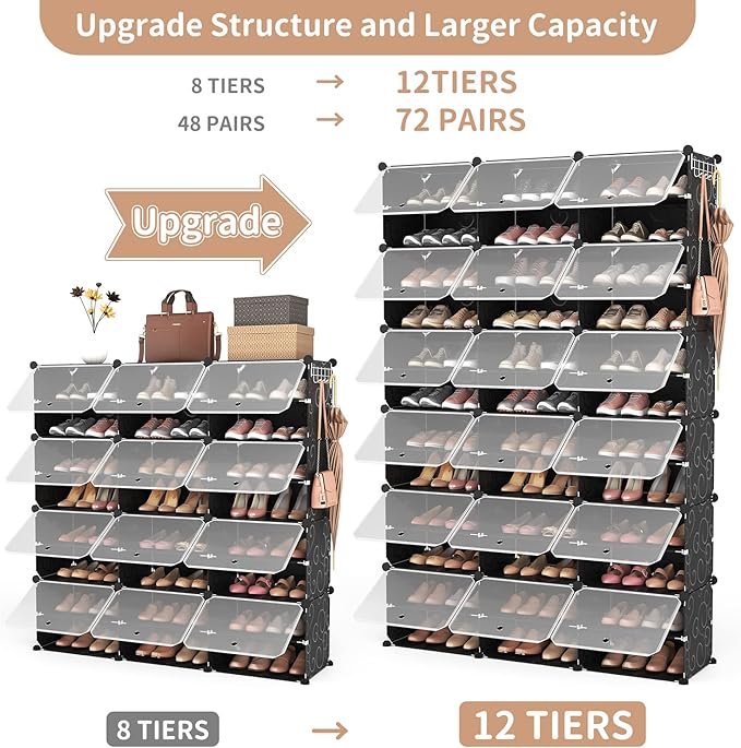 ROJASOP Portable Shoe Rack Organizer, 72 Pairs Covered Shoe Rack Shoe Organizer for Closet Entryway 12-Tier Shoe Storage Cabi