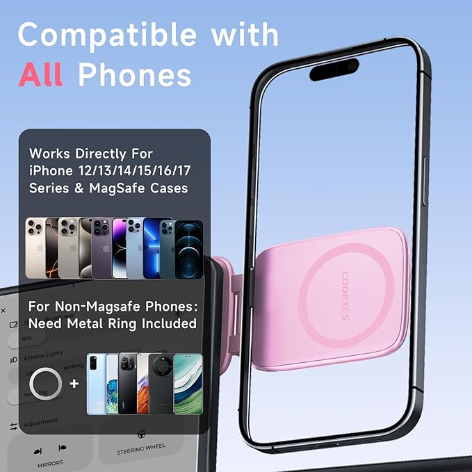 Pink Foldable Magnetic Phone Mount, Hidefold Ultra-Thin Magnetic Phone Holder for Car with Dual Side Strong Magnets, Car Accessories for Women, Fit for All Phone, Dashboard, Laptop, Gym