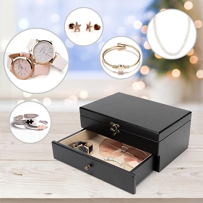 Pinzoveco Jewelry Box for Women, Rustic Wooden Jewelry Organizer Box for Storage Earrings Rings Necklace Bracelet, Farmhouse 