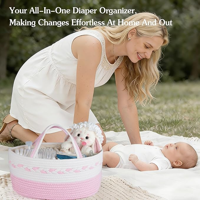 Diaper caddy Organizer, Cotton Rope Gift Basket with Removable Divider, Nursery Storage Organizer for Baby Essentials, Changi