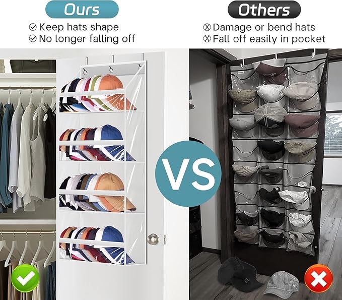 AOODA Clear Over the Door Hat Racks for Baseball Caps, Hold 48 Caps Hat Storage Organizer for Closet Wall, Deep Pockets Hangi