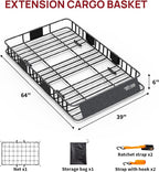 Bonnlo 250lbs Extendable Rooftop Cargo Carrier,64 * 39 * 6inch Universal Roof Rack Basket with Rubber Net,Storage Bag,Straps,for SUV/Truck/Van