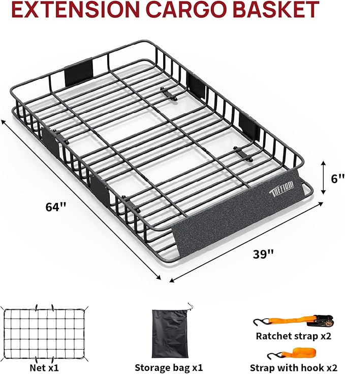 Bonnlo 250lbs Extendable Rooftop Cargo Carrier,64 * 39 * 6inch Universal Roof Rack Basket with Rubber Net,Storage Bag,Straps,for SUV/Truck/Van