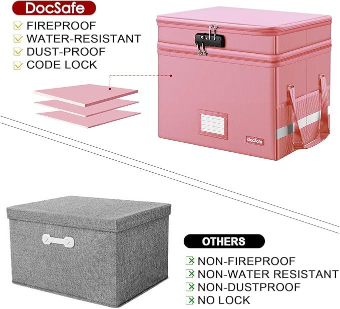 DocSafe File Box with Lock,Multi-Layer Fireproof Document Box Collapsible File Storage Organizer with Pockets/Handle,Large Po