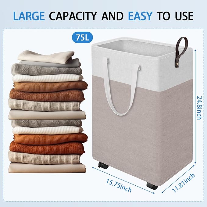 HomeHacks 75L Rolling Laundry Basket with Wheels, Collapsible & Waterproof Laundry Hamper, Mobile Clothes Hamper, Storage Lau