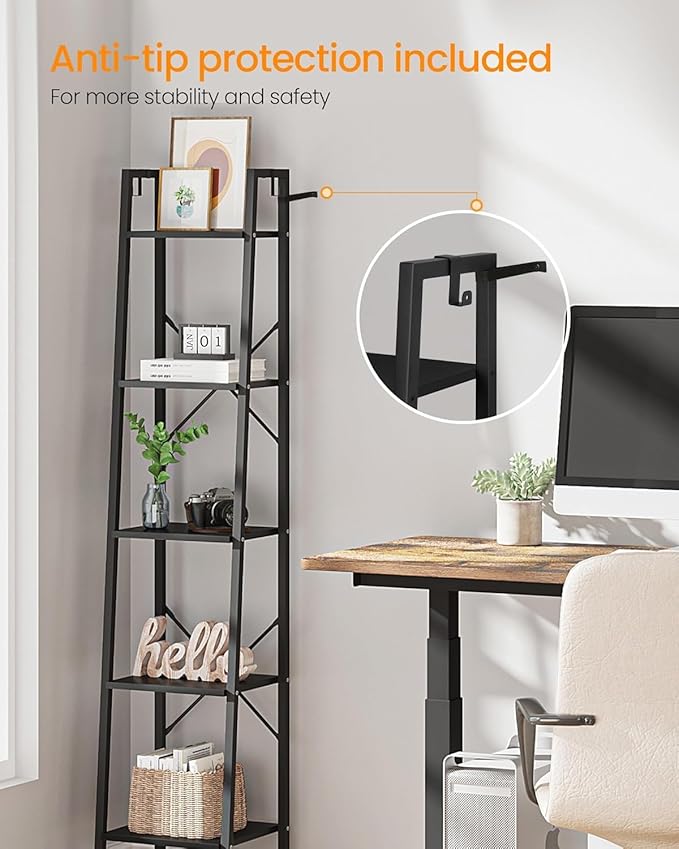 Hzuaneri Ladder Shelf, Bookshelf Bookcase, Freestanding Corner Storage Shelve with 2 Hooks for Home Office, Living Room, Kitc