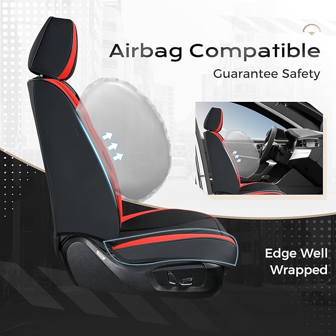Coverado Seat Covers, Car Seat Covers Front Seats, 2 Pack Black and Red Leather Seat Covers, Waterproof Car Seat Protector wi