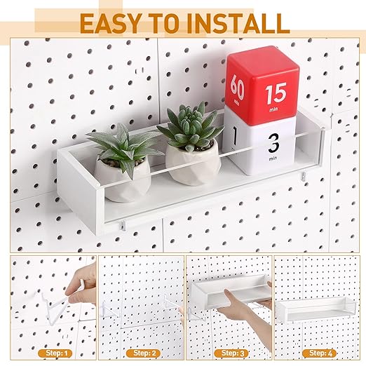 Marsui 2 Pcs Wooden Pegboard Shelf with Acrylic 12.2 x 3.94 Inch White Display Shelves Brackets with Metal Hooks Heavy Duty P