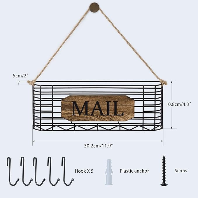 SRIWATANA Mail Holder, Rustic Mail Organizer Wall Mount Hanging Mail Sorter Letter Basket with 5 Key Holder for Wall, Large, 