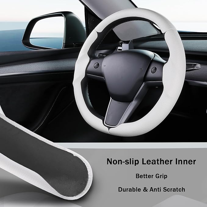 Steering Wheel Cover for 2017-2023 Tesla Model 3 2020-2024 Tesla Model Y, Leather Steering Wheel Cover for Tesla Model 3/Y Accessories, White