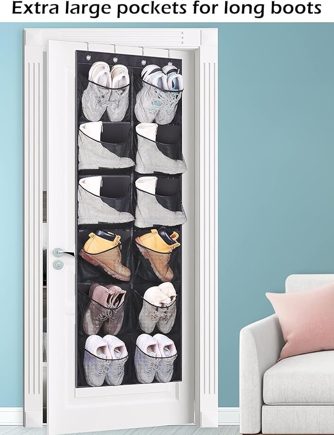 KIMBORA Boots Hanging Shoe Organizer for Closet 12 Extra Large Mesh Pockets Over The Door Shoe Rack for Men Shoes Size 16, Bl